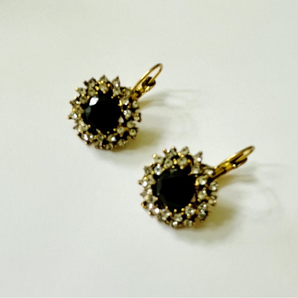 Boho Ethnic Jet Black Crystal Rhinestones Flower Drop Lever Back Earrings - NWT - Picture 5 of 12